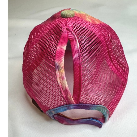 C.C. Tie Dye Trucker Hat Women OS Pink Repurposed Patch Ponytail Cap Excellent - Picture 3 of 8